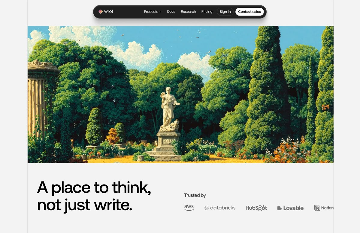 A painterly sunlit garden with a marble statue, sculpted trees, and flowers